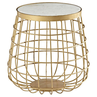 White Marble Top Side Table with Gold Brass Finish Latticed Metal Base | Nirav