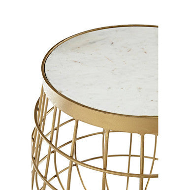 White Marble Top Side Table with Gold Brass Finish Latticed Metal Base | Nirav