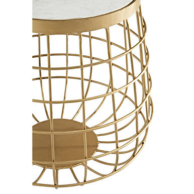 White Marble Top Side Table with Gold Brass Finish Latticed Metal Base | Nirav