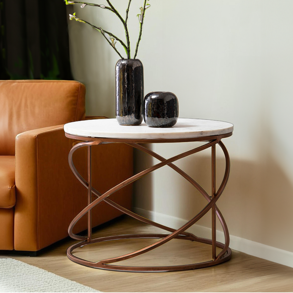 White Marble Top Round Coffee Table with Metal Finish, Nirav