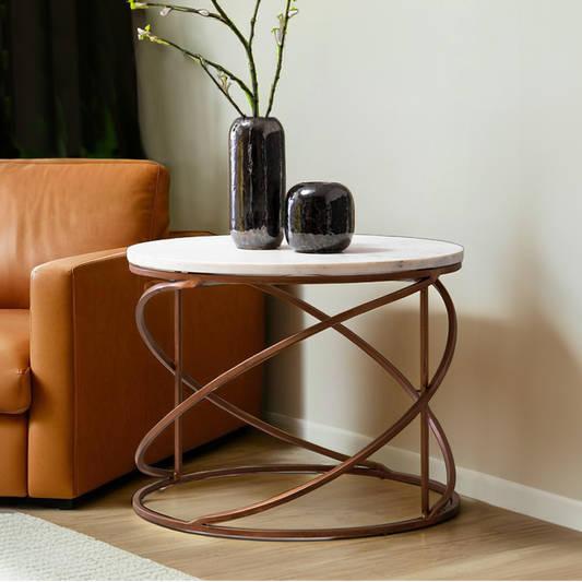 White Marble Top Round Coffee Table with Metal Finish, Nirav