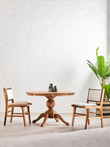 Brown Solid Natural Oak Wood Round Dining Table with Turned Pedestal Base | Lyon