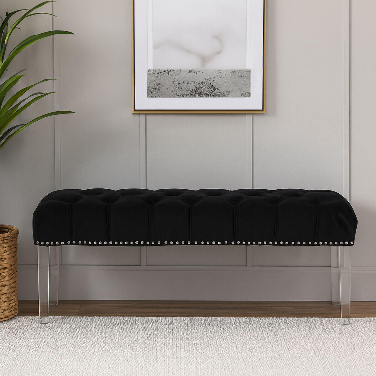 Clarence Black Velvet Bench with Button Tufting