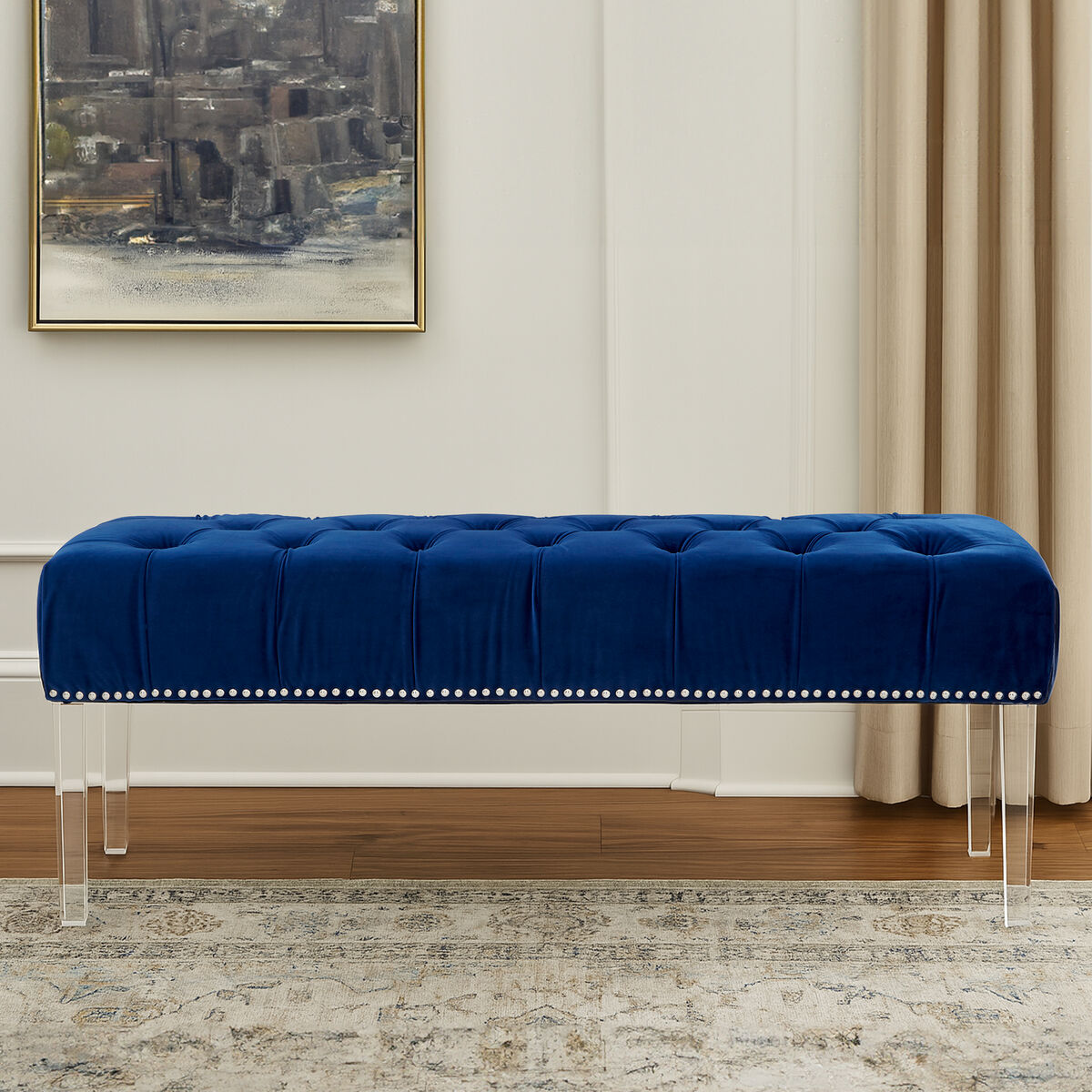 Clarence Blue Velvet Bench with Button Tufting