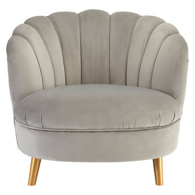 Orlina Grey Velvet Scalloped Curved Chair With Gold Wood Legs
