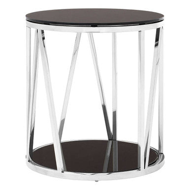 Alvaro Chrome Stainless Steel Side Table with Black Tempered Glass Top