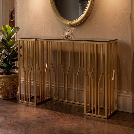 Gold Stainless Steel Frame Console Table with Black Tempered Glass Top | Alvaro