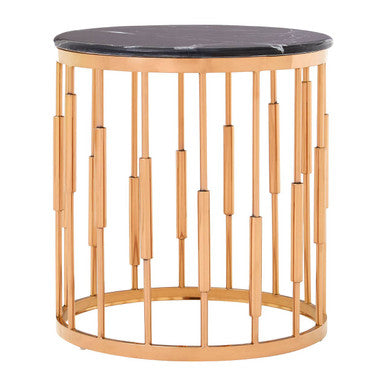 Round Rose Gold Copper Finish Frame Side Table with Black Marble Top, Alvaro
