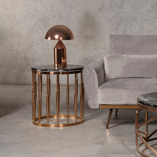 Round Rose Gold Copper Finish Frame Side Table with Black Marble Top, Alvaro