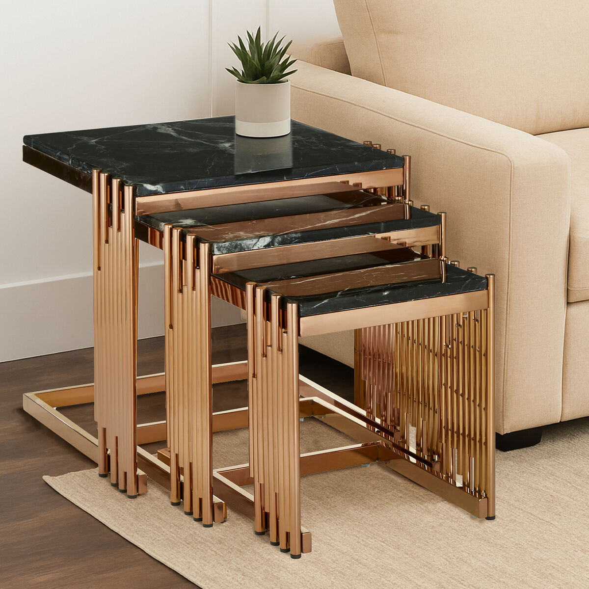 Black Marble Tops Square Nest of 3 Tables with Reflective Rose Gold Metal Frame, Alvaro