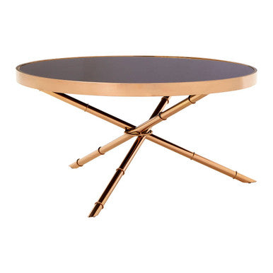 Alvaro Round Coffee Table With Rose Gold Legs And Black Glass Top