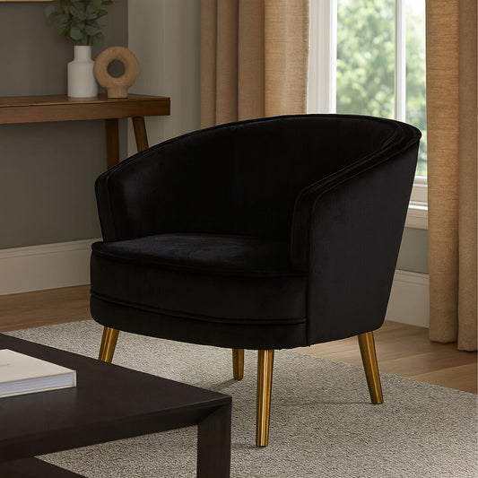 Louxor Black Velvet Round Chair with Gold Finish Legs