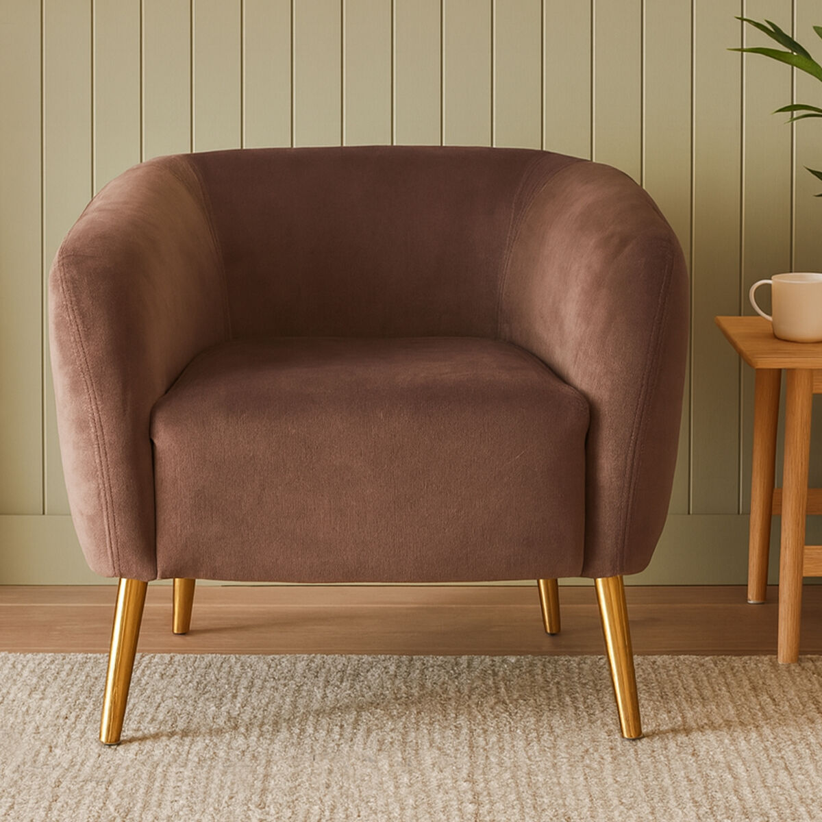 Louxor Grey Velvet Round Armchair with Gold Finish Metal Legs