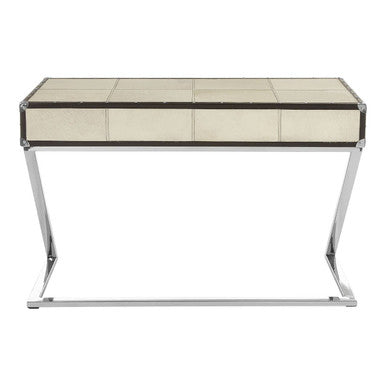 Hair-On-Leather Mango Wood Two-Drawer Console Table with Polished Stainless Steel Legs, Kensington Townhouse
