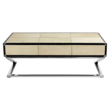 Mango Wood Three-Drawer Coffee Table with Leather Handles Black Trim and Stud Detailing, Kensington Townhouse