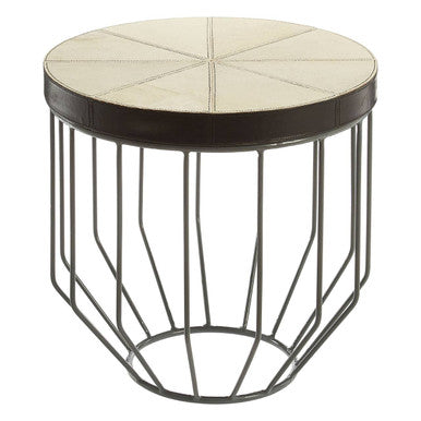 Tall Iron Side Table with Genuine Leather and Mango Wood Top, Kensington Townhouse