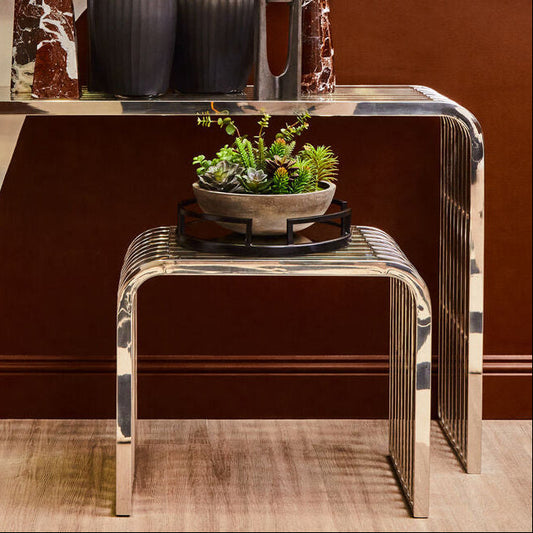 Silver Slatted End Table with Tempered Clear Glass, Vogue