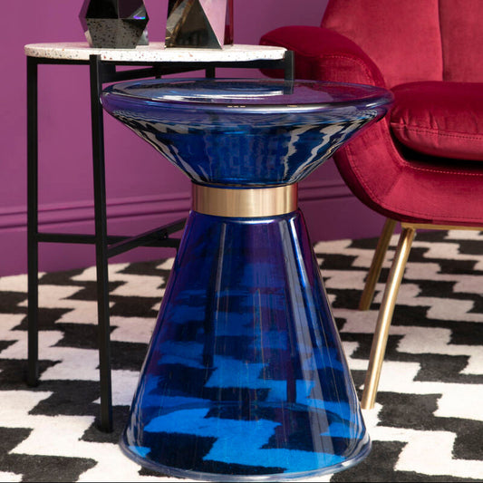 Blue Glass Side Table with Gold Steel Ring, Martini
