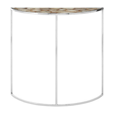 Half Moon Console Table with White Agate Stone Top and Silver Steel Frame, Vita