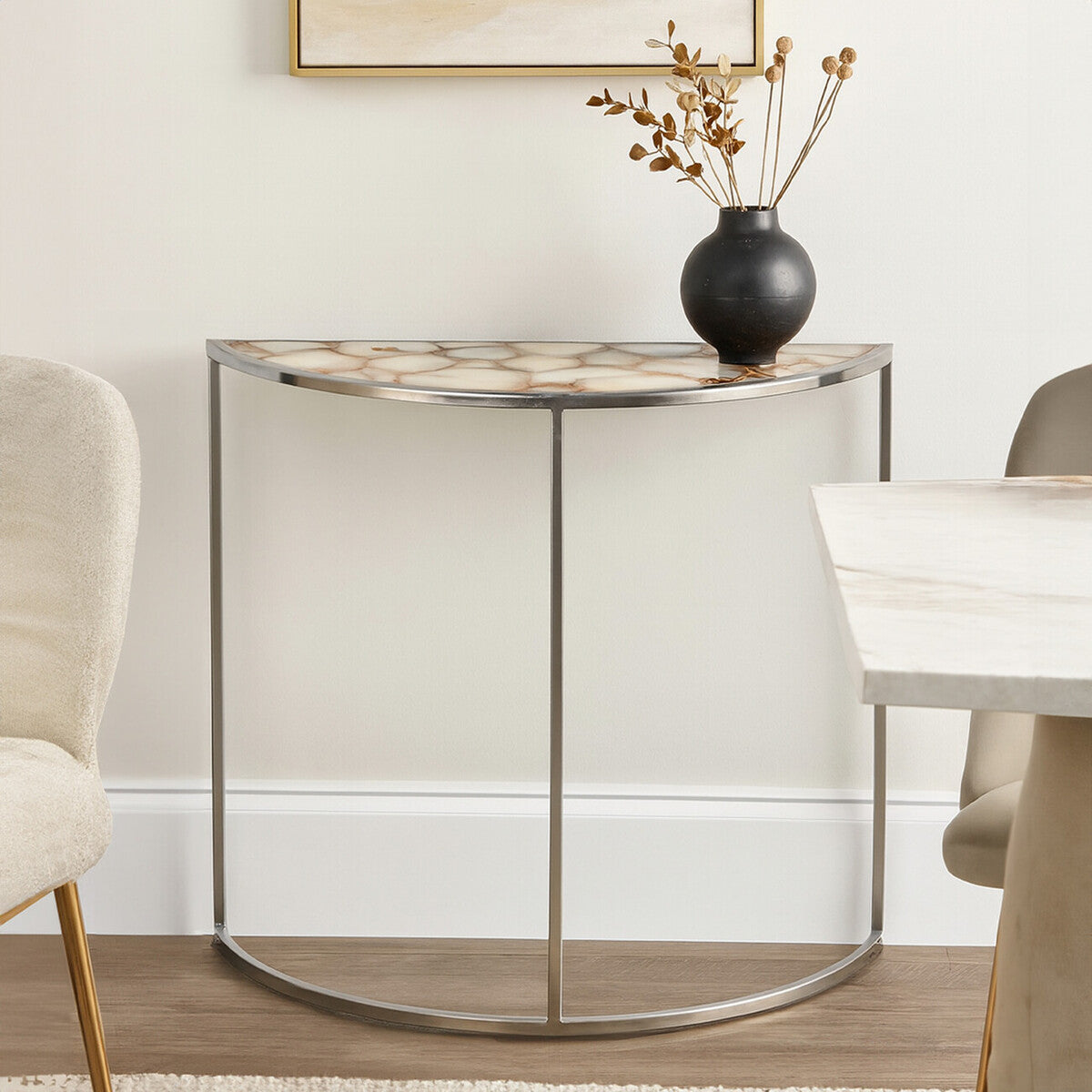 Half Moon Console Table with White Agate Stone Top and Silver Steel Frame, Vita
