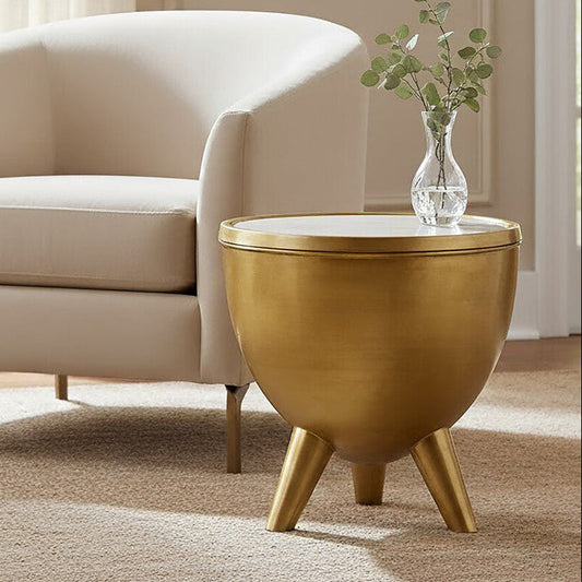 Gold Metallic Finish Side Table with Natural White Marble Top and Tapered Legs, Crest