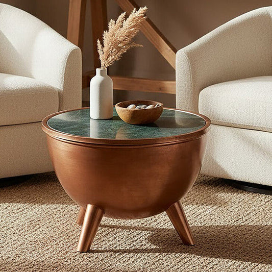 Copper Metallic Finish Coffee Table with Natural Green Marble Top and Tapered Legs, Crest