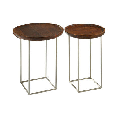 Set of 2 Side Tables with Reflective Silver Iron Legs and Wood Tops | Crest