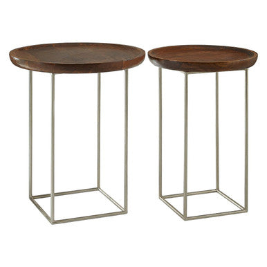 Set of 2 Side Tables with Reflective Silver Iron Legs and Wood Tops | Crest