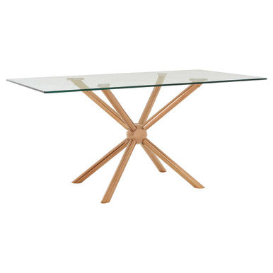 Clear Tempered Glass Top Dining Table with Rose Gold Metallic Sphere Base, Novo