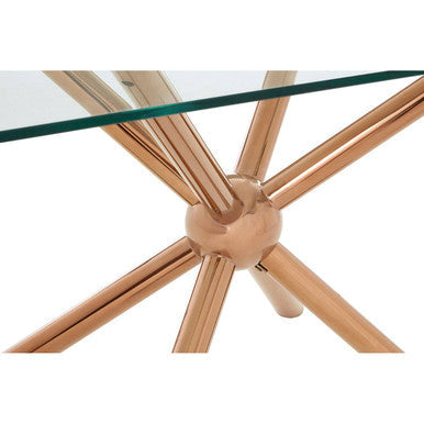 Clear Tempered Glass Top Dining Table with Rose Gold Metallic Sphere Base, Novo