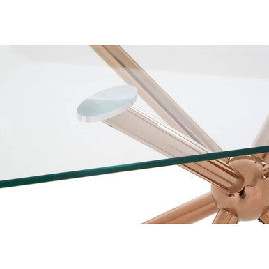 Clear Tempered Glass Top Dining Table with Rose Gold Metallic Sphere Base, Novo