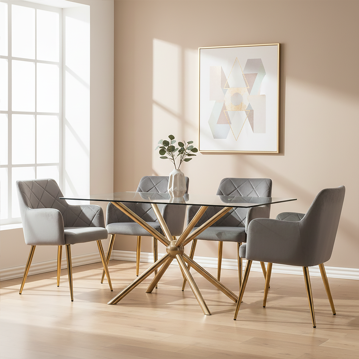 Clear Tempered Glass Top Dining Table with Rose Gold Metallic Sphere Base, Novo