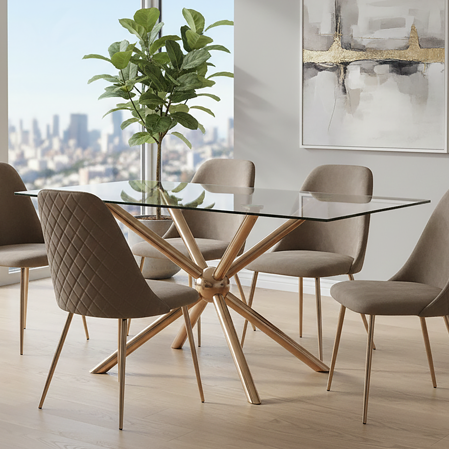 Clear Tempered Glass Top Dining Table with Rose Gold Metallic Sphere Base, Novo