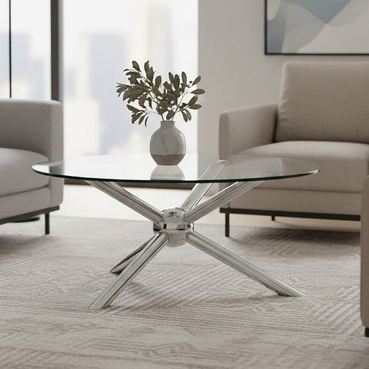 Round Silver Coffee Table with Tempered Glass Top, Novo