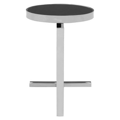 Silver Metal T Base Side Table with Black Tempered Glass Top | Novo