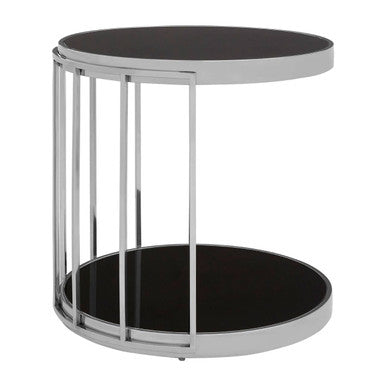 Silver Steel Cage Design Frame Side Table with Tempered Black Glass, Novo