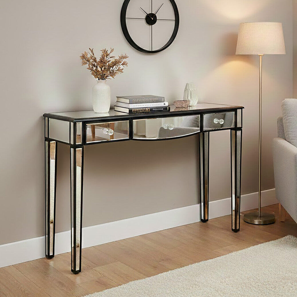 Mirrored White Wooden 3-Drawer Console Table with Black Trim Frame, Graciela