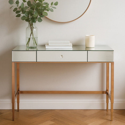 Rose Gold Console Table with Mirrored Glass Top and Drawer, Goldie