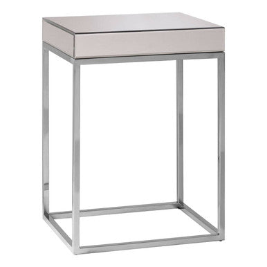 Silver Mirrored and Wooden Side Table with Stainless Steel Frame, Gianna