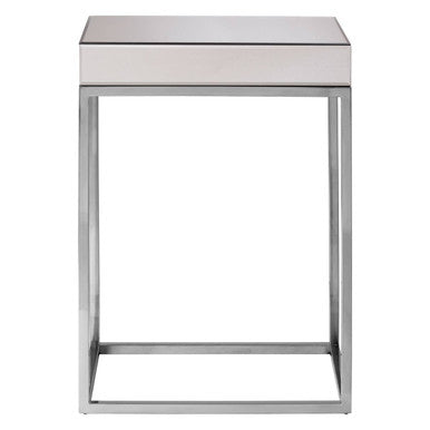 Silver Mirrored and Wooden Side Table with Stainless Steel Frame | Gianna