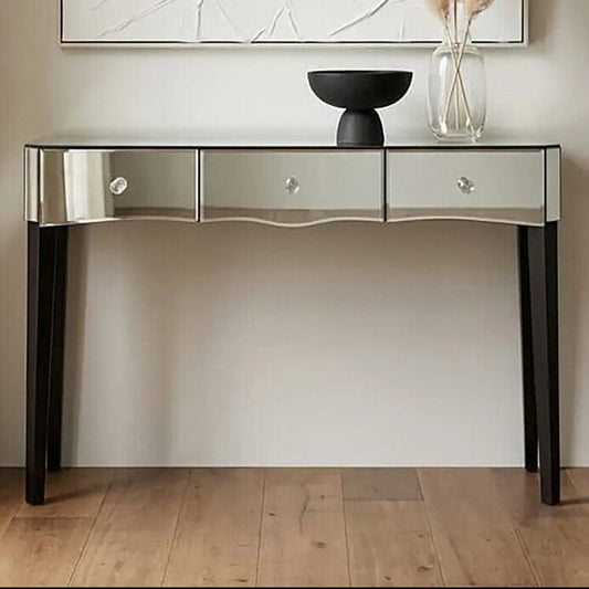 Mirrored Console Table with Black Finish Wooden Legs and Crystal Drawer Knobs, Gabriella