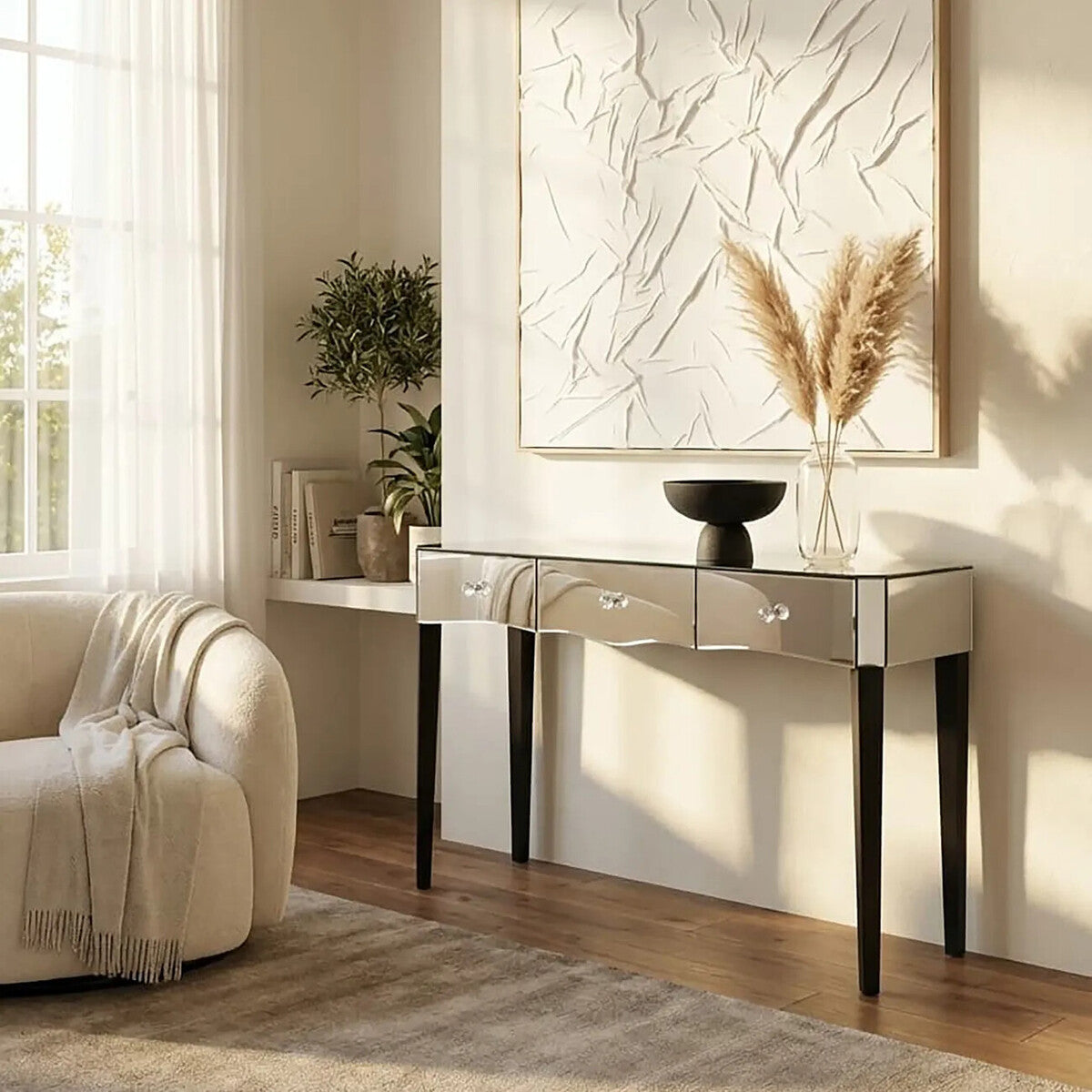 Mirrored Console Table with Black Finish Wooden Legs and Crystal Drawer Knobs, Gabriella