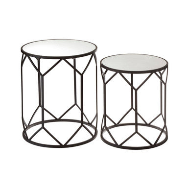 Set of 2 Black Geometric Metal Side Tables with Mirrored Glass Tops, Avantis
