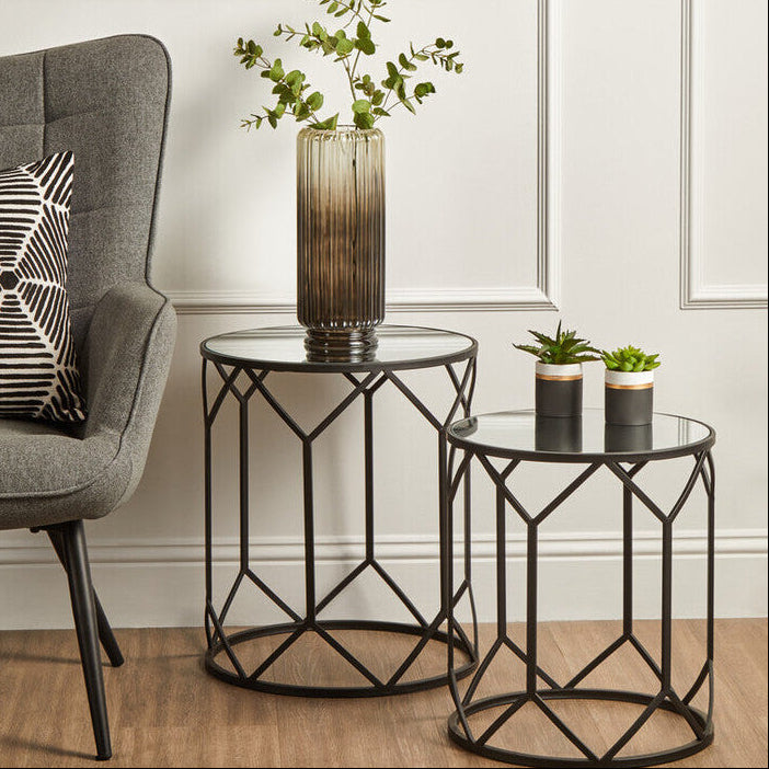 Set of 2 Black Geometric Metal Side Tables with Mirrored Glass Tops, Avantis