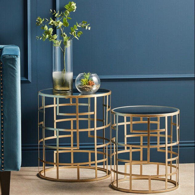 Set of 2 Gold Champagne Finish Art Deco Metal Base Side Tables with Mirrored Glass Tops | Avantis