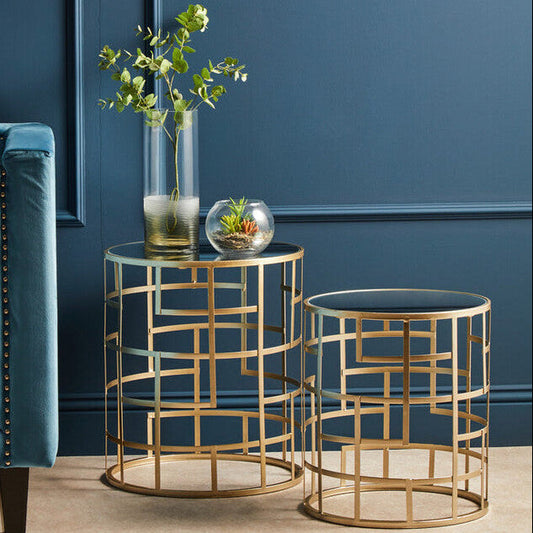 Set of 2 Gold Champagne Finish Art Deco Metal Base Side Tables with Mirrored Glass Tops, Avantis