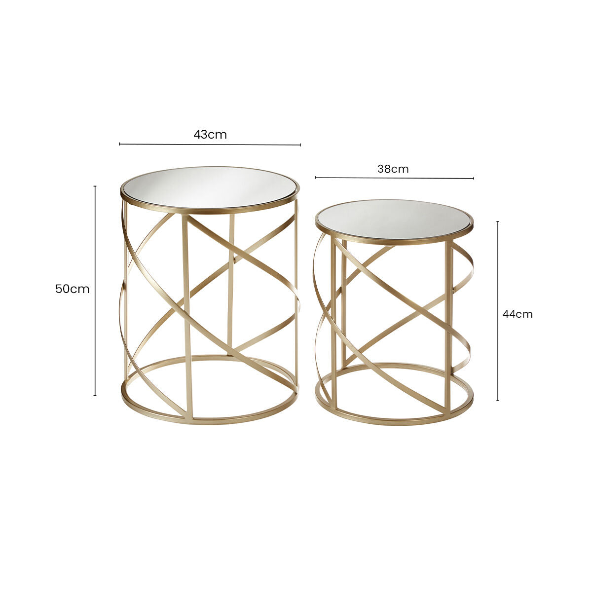Set of 2 Gold Champagne Finish Flowing Swirl Metal Frame Side Tables with Mirrored Glass Tops | Avantis