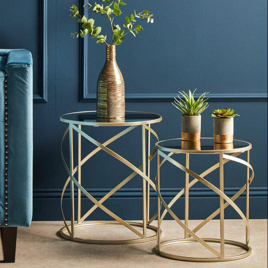Set of 2 Gold Champagne Finish Flowing Swirl Metal Frame Side Tables with Mirrored Glass Tops, Avantis