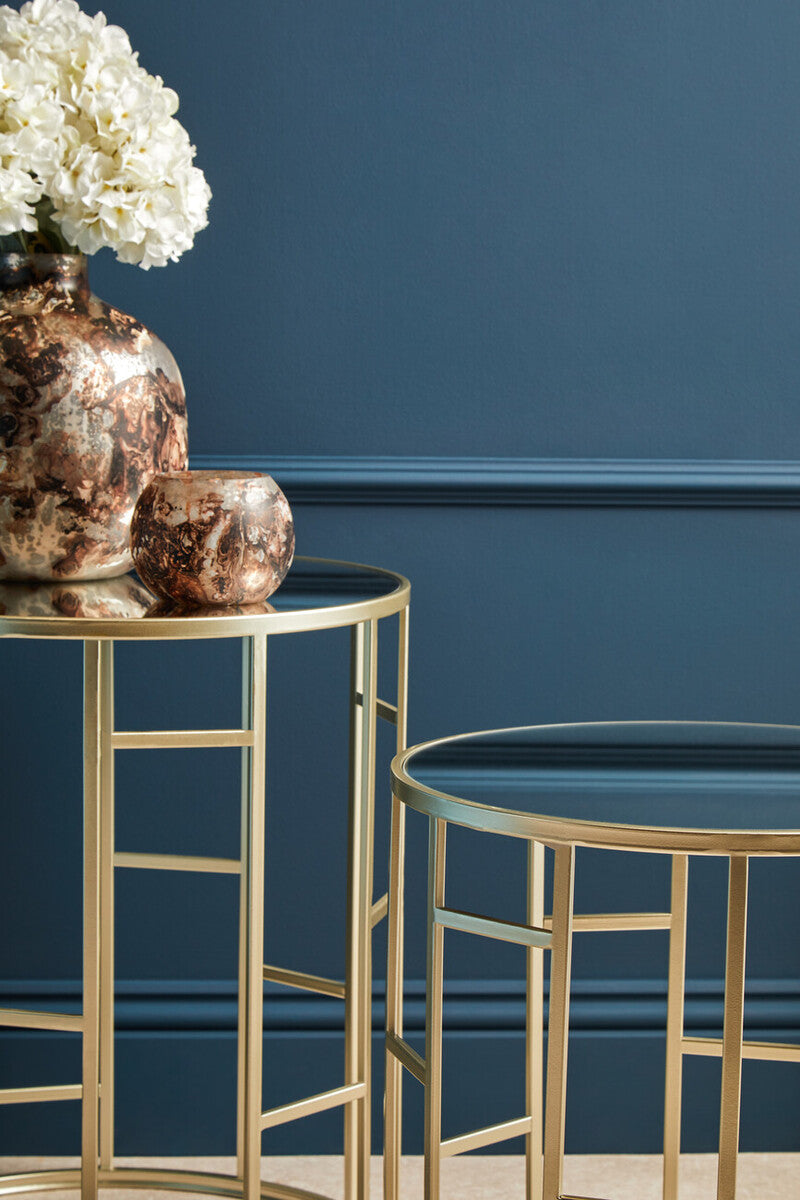 Set of 2 Gold Champagne Finish Asymmetric Round Side Tables with Mirrored Glass Tops, Avantis