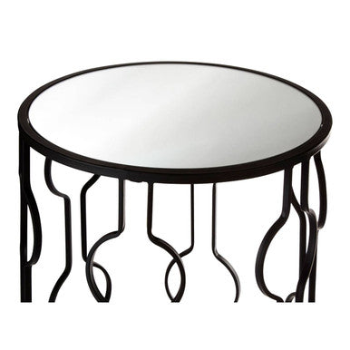 Set of 2 Black Metal Base Side Tables with Arabesque Detailing and Mirrored Glass Tops | Avantis